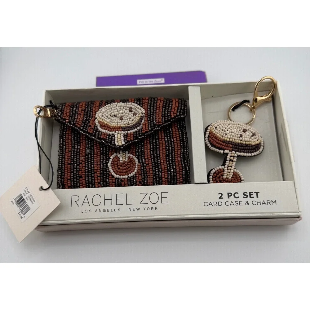 Rachel Zoe Espresso Beaded Mushroom Card Case & Bag Charm 2 Piece Set NWT In Box